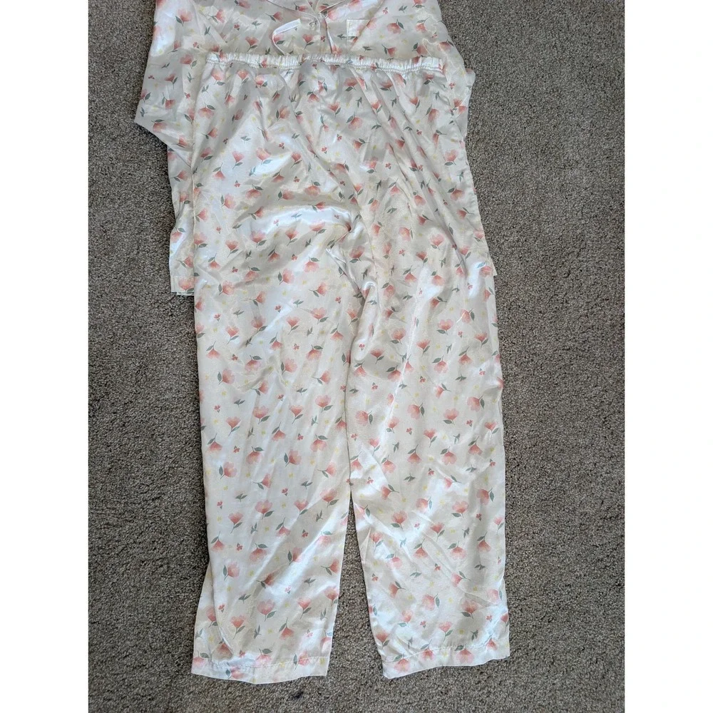 Vintage Delicates Satin Pajama Set Womens Large Floral Pink White Sleepwear 2pc